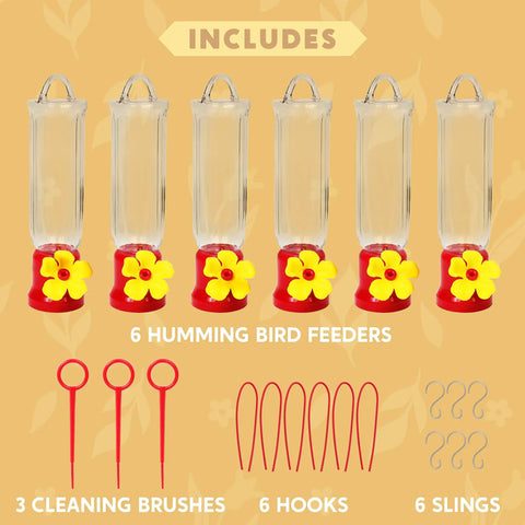 Set Of 6 Mini Hummingbird Feeders With Hanging Wires, Transparent Outdoor Hummingbird Feeder Set With Flower Shaped Sipping Outlet, Includes 3 Cleaning Brushes For Easy Cleaning On Patio, Lawn, Garden And Backyard, displayed with accessories.