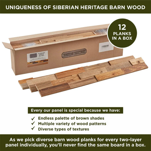 Weathered Siberian Pine Wall Panels Kit With 12 Reclaimed Shiplap Boards for Rustic Home Decor, box and planks shown
