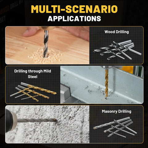 Workhorse Titanium Coated Drill Bit Set With 35 No Nonsense Pieces Including Hss Metal Masonry Wood Bits Plus Nut Drivers Magnetic Holder for drilling wood, mild steel, and masonry.