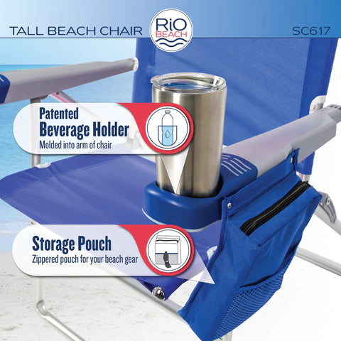 Extra Tall 17 Inch High Folding Beach Chair With Four Position Recline For Beach Camping And Lawn Built On A Rustproof Aluminum Frame