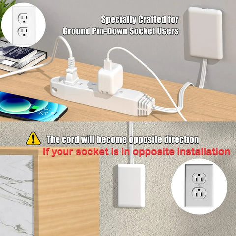 Ultra Slim Flat Plug Extension Cord Power Strip 3 Feet 3 Outlet White connected to a ground pin-down socket.