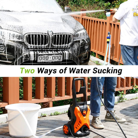 Electric Pressure Washer 2300 PSI 1.6 GPM Portable Power Washer in use cleaning car with foam cannon