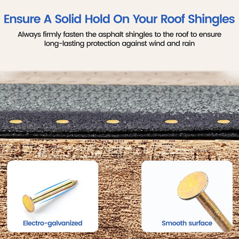 Pro Grade Galvanized Roofing Nails One Quarter Inch Shank Fifteen Degree Coil Fasteners with Solid Round Heads shown on shingles