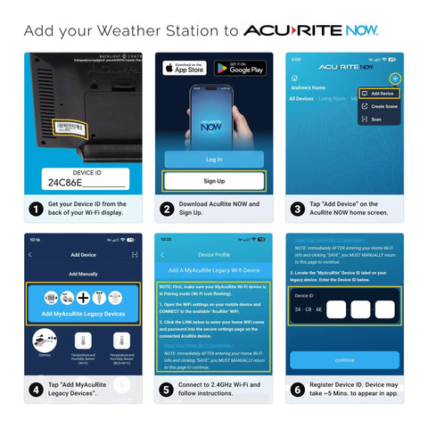 Setup process instructions for connecting Iris Wireless Weather Station With Hd Direct To Wifi Display to AcuRite app.