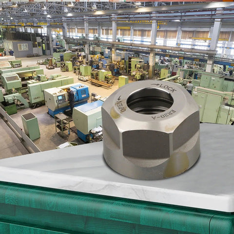 Fabaletta ER Collet Clamping Nut High 20CrMoTi Steel for CNC Milling on workbench in machining factory.