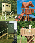 Mofeez Outdoor 4x4 compound angle brackets set of 4 for deer stands; collage of four elevated hunting blinds and wooden platforms