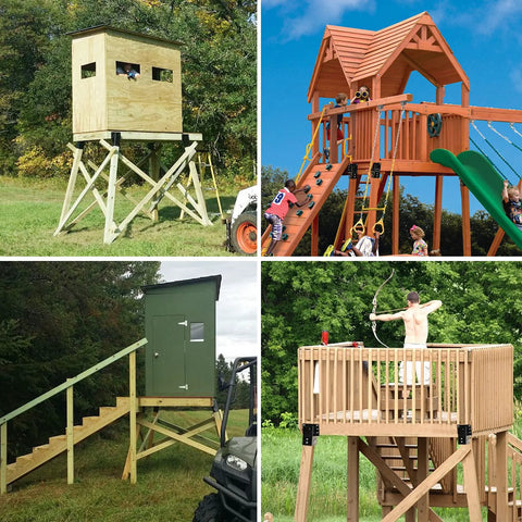 Mofeez Outdoor 4x4 compound angle brackets set of 4 for deer stands; collage of four elevated hunting blinds and wooden platforms