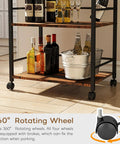 Kickback Ready Three Tier Kitchen Cart With Smooth Rollin Wheels Rustic Brown showing spacious shelves with wine bottles and a bucket.