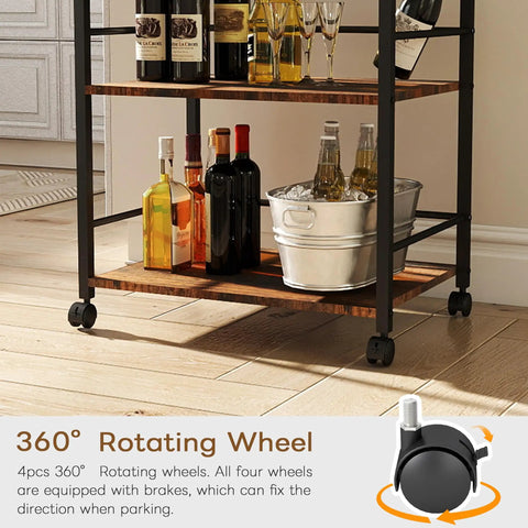Kickback Ready Three Tier Kitchen Cart With Smooth Rollin Wheels Rustic Brown showing spacious shelves with wine bottles and a bucket.