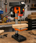 10 Inch Benchtop Drill Press With 12 Variable Speeds Ranging From 380 To 3130 Rpm and Precision Laser Guide for woodworking projects.