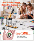 Heavy Hitter 2.25 Button Maker Machine With Solid Steel Mold And Comfort Grip, complete 100 pc pin component kit with precision cutter in use.