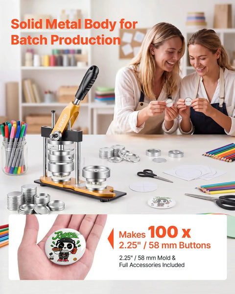 Heavy Hitter 2.25 Button Maker Machine With Solid Steel Mold And Comfort Grip, complete 100 pc pin component kit with precision cutter in use.