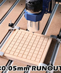 Genmitsu CNC router spindle cutting a grid-pattern wooden block on an aluminum extrusion bed