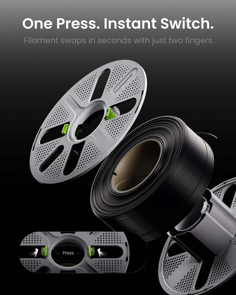 Quick-Swap Reusable Filament Spool with Two-Finger Press Design for easy filament swaps, shown with strap securing half-used filament.