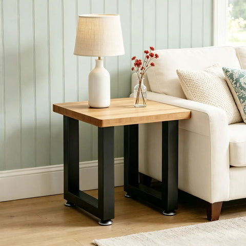 Heavy Duty Steel Table Legs 16 Inch Rock Solid Metal Bench Legs Set Of Two used as modern support for a wooden side table.