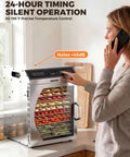 Heavy Duty Commercial Food Dehydrator With Twelve Roomy Trays And Jerky Hooks Made Of Rust Proof 304 Stainless Steel Featuring Slick Temp Control Up To 194 F Plus A 24 Hour Timer And Crisp Led Display, displaying fruits and vegetables.