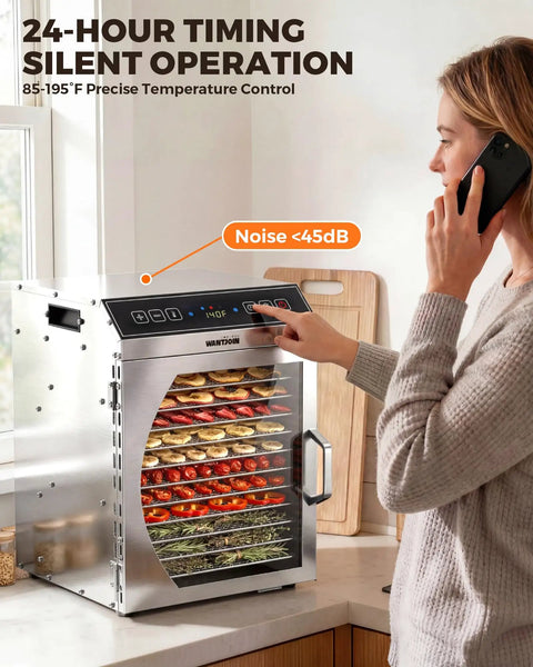 Heavy Duty Commercial Food Dehydrator With Twelve Roomy Trays And Jerky Hooks Made Of Rust Proof 304 Stainless Steel Featuring Slick Temp Control Up To 194 F Plus A 24 Hour Timer And Crisp Led Display, displaying fruits and vegetables.
