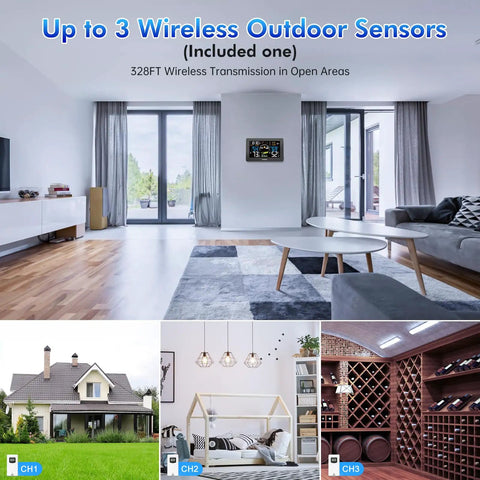All In One Weather Station With Wireless Indoor Outdoor Sensor 7.5 Inch HD VA Display Digital Thermometer in home setting.