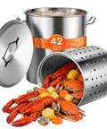 42 Quart Stainless Steel Stock Pot With Strainer, Lid And Handles, Heavy Duty Commercial Grade, Sanded Finish For Easy Cleaning