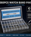 Top Shelf 360 Piece Watch Band Pins With Heavy Duty Link Pin Remover Tool For Quick Swap Adjustments And Rock Solid 316 Stainless Steel Fixes For Every Watch Style displayed in organized storage box.