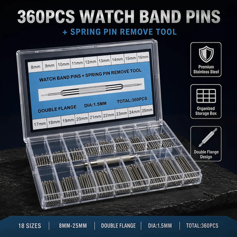 Top Shelf 360 Piece Watch Band Pins With Heavy Duty Link Pin Remover Tool For Quick Swap Adjustments And Rock Solid 316 Stainless Steel Fixes For Every Watch Style displayed in organized storage box.