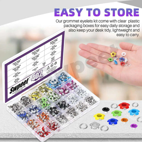 Multi Color 3/16 Inch Metal Flower Eyelets And Round Grommets Kit With Installation Tools displayed in hand and storage box