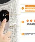 Control panel of under desk heater for home or office showing temperature settings with a finger pressing button.