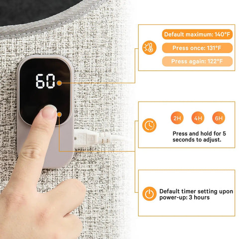 Control panel of under desk heater for home or office showing temperature settings with a finger pressing button.