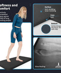 Anti Fatigue Floor Mat Half Inch Cushioned For Kitchen And Standing Desk Non Slip Cushion With ComfortGrip Ideal For Home Office Or Garage Floor 17.3 By 28 Inches Black featuring surface texture, woman standing