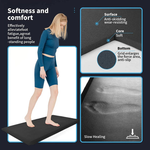 Anti Fatigue Floor Mat Half Inch Cushioned For Kitchen And Standing Desk Non Slip Cushion With ComfortGrip Ideal For Home Office Or Garage Floor 17.3 By 28 Inches Black featuring surface texture, woman standing