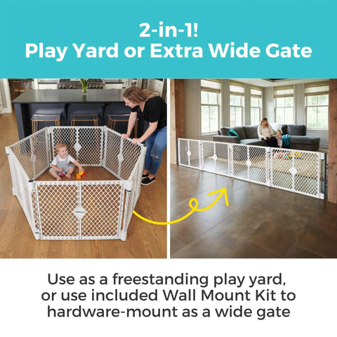 Two In One Superyard Duo Extra Wide Baby Gate And Play Yard Six Panel Portable Playpen With Wall Mount Kit, indoor setup