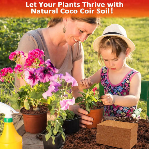 Mother and daughter gardening with potted plants and Eight Pack Coco Coir Bricks 11.2 Lb Total Pro Grade Coconut Coir Potting Soil