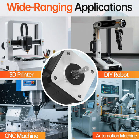 YEJMKJ 5-pack NEMA 17 bipolar stepper motor; 0.29Nm, 42×33mm, 5mm shaft; close-up view with 3D printer, CNC, DIY robot collage
