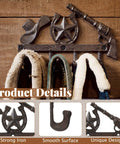 Straight Up Rustic Western Cast Iron Cowboy Coat Wall Mount Hook Featuring Authentic Horse Shoe Shape holding hats and scarves.