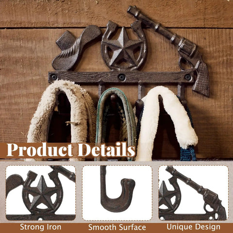 Straight Up Rustic Western Cast Iron Cowboy Coat Wall Mount Hook Featuring Authentic Horse Shoe Shape holding hats and scarves.