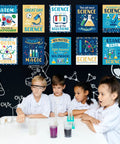 Science Classroom Decoration Banner And Poster Set For Teachers displayed on blackboard with kids in lab coats conducting experiments