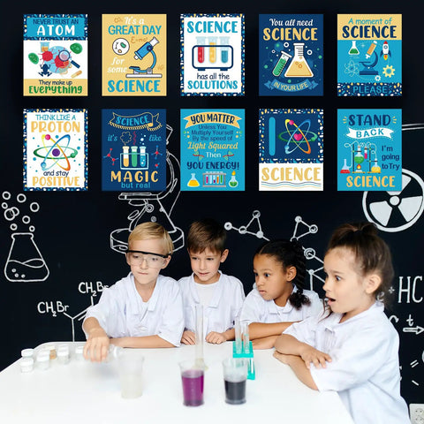 Science Classroom Decoration Banner And Poster Set For Teachers displayed on blackboard with kids in lab coats conducting experiments