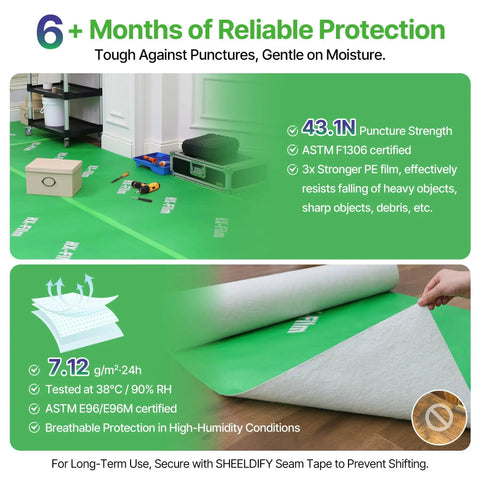 Heavy Duty Floor Protector For Construction And DIY, 39x100 Inch Waterproof Carpet Shield For Hardwood Floors, green film on floor