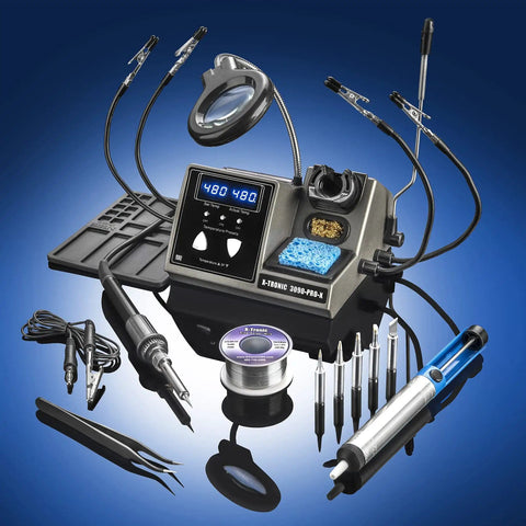 Pro Grade 75 Watt Soldering Station Kit with 5 Extra Tips, dual LED displays, sleep function, accessories, Mini Mag Lamp, helping hands