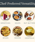 Image showcasing six food items: smoothies, soups, nut butters, spices, sauces, cocktails, representing versatility.