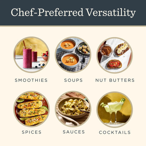 Image showcasing six food items: smoothies, soups, nut butters, spices, sauces, cocktails, representing versatility.