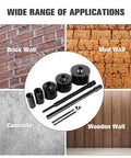 Masonry Hole Saw Kit 9 Piece Set 4 Inch Carbide Hole Saws With SDS Plus Max Shank Concrete Core Bits in front of different wall types