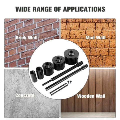 Masonry Hole Saw Kit 9 Piece Set 4 Inch Carbide Hole Saws With SDS Plus Max Shank Concrete Core Bits in front of different wall types