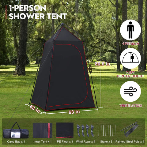 Camping Shower Tent For Privacy On The Go with 63 inch square base and UPF 50 sun guard, set up in a forest setting.
