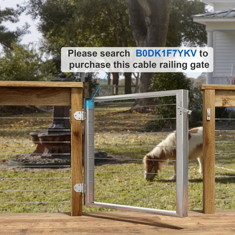 Metal cable railing gate with wooden frame outdoors, focus keyword: Left And Right Handed Thread Lag Screws For One Eighth Inch Decking Cable Railing Kit Hardware Non Turnbuckle System Eliminates Torsion And Slippage While Tightening In One Direction Silver Finish 30 Pairs.
