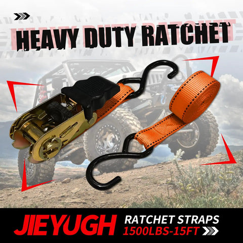 Tough As Nails Ratchet Tie Down Straps 15 Foot Long 4 Pack Heavy Duty Cargo Straps With 1500 Lb Break Strength For Truck Beds Motorcycles And Lawn Gear Hauling Orange ratchet strap with hooks and webbing.