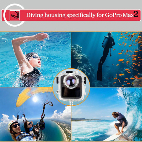 Waterproof Underwater Housing Case For MAX 2 Action Camera with anti-fog lens used in snorkeling, diving, paragliding, surfing scenes.