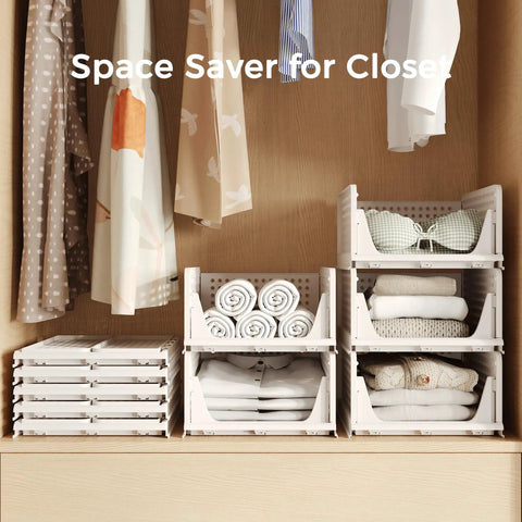 Stackable Plastic Storage Baskets 4 Pack Foldable Closet Organizers For Wardrobe Kitchen Bathroom Office Dorm White