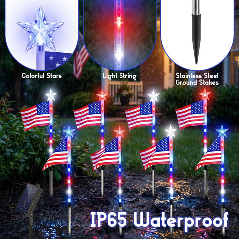 Lit Patriotic Solar Flag Lights For Outdoors, 8 Pack Pathway Stakes With 8 Modes, Waterproof 26.5 Inch at night garden display