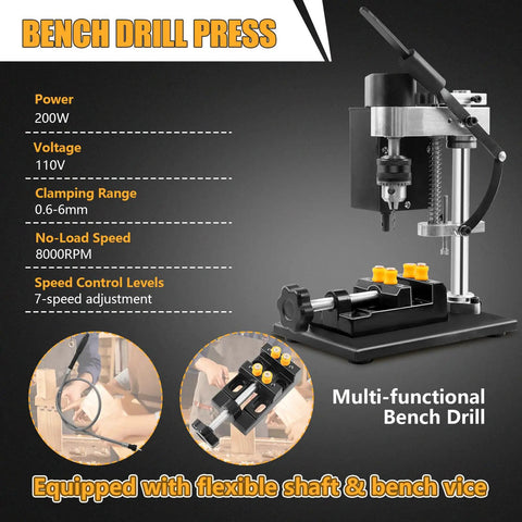 Portable 200W Mini Drill Press With Flexible Shaft For Angled Drilling, 8500 RPM Benchtop Drill Press, 7 Speed Adjustable